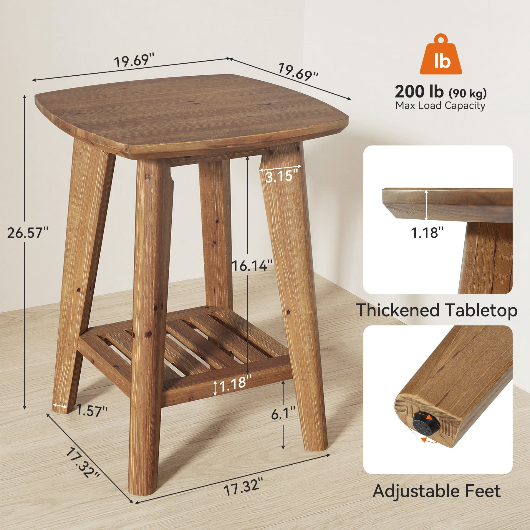 19.7" Solid Wood Square Side Table with 2-Tier Storage Shelf, Small Space End Table for Living Room, Bedroom & Sofa Side, Space-Saving Accent Table