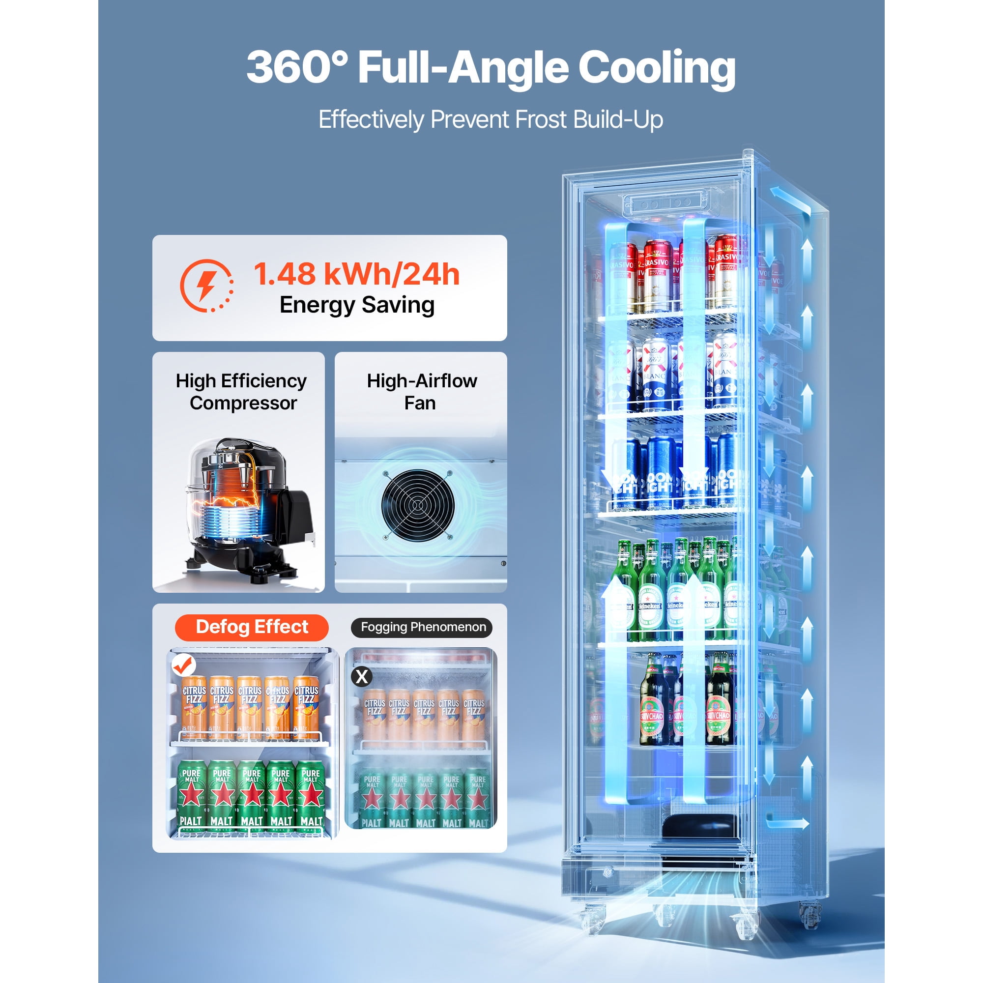 KFFKFF Commercial Glass Door Refrigerator, 6.9 Cu.Ft / 195L Upright Beverage Cooler with Adjustable Shelves, LED Lighting & Casters for Home, Shops, and Bars