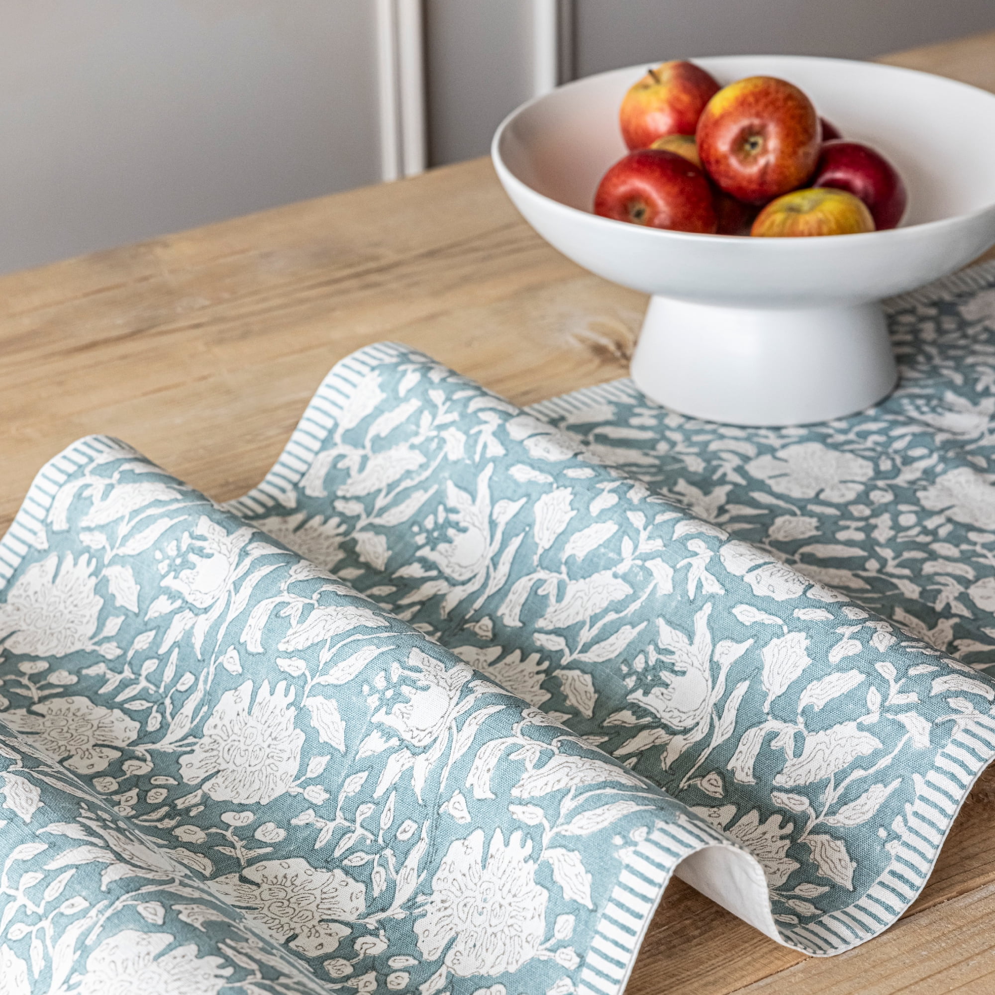 over&back 18x90 Hand-Blocked Printed Cotton Table Runner - Washable Table Runners for a Custom Home Decor Tablescape - Perfect for Coffee Table, Dinner Table, Living Room, and More - Blue Floral