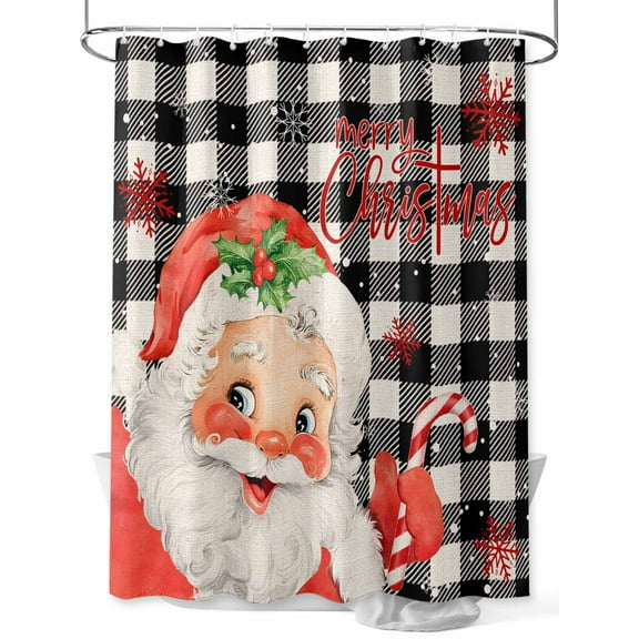 Merry Christmas Shower Curtain Set ，Waterproof Fabric Shower Curtains Red Santa Claus Winter Snowflake Black Plaid Shower Curtains for Bathroom,Bathroom Decor 72"x96"