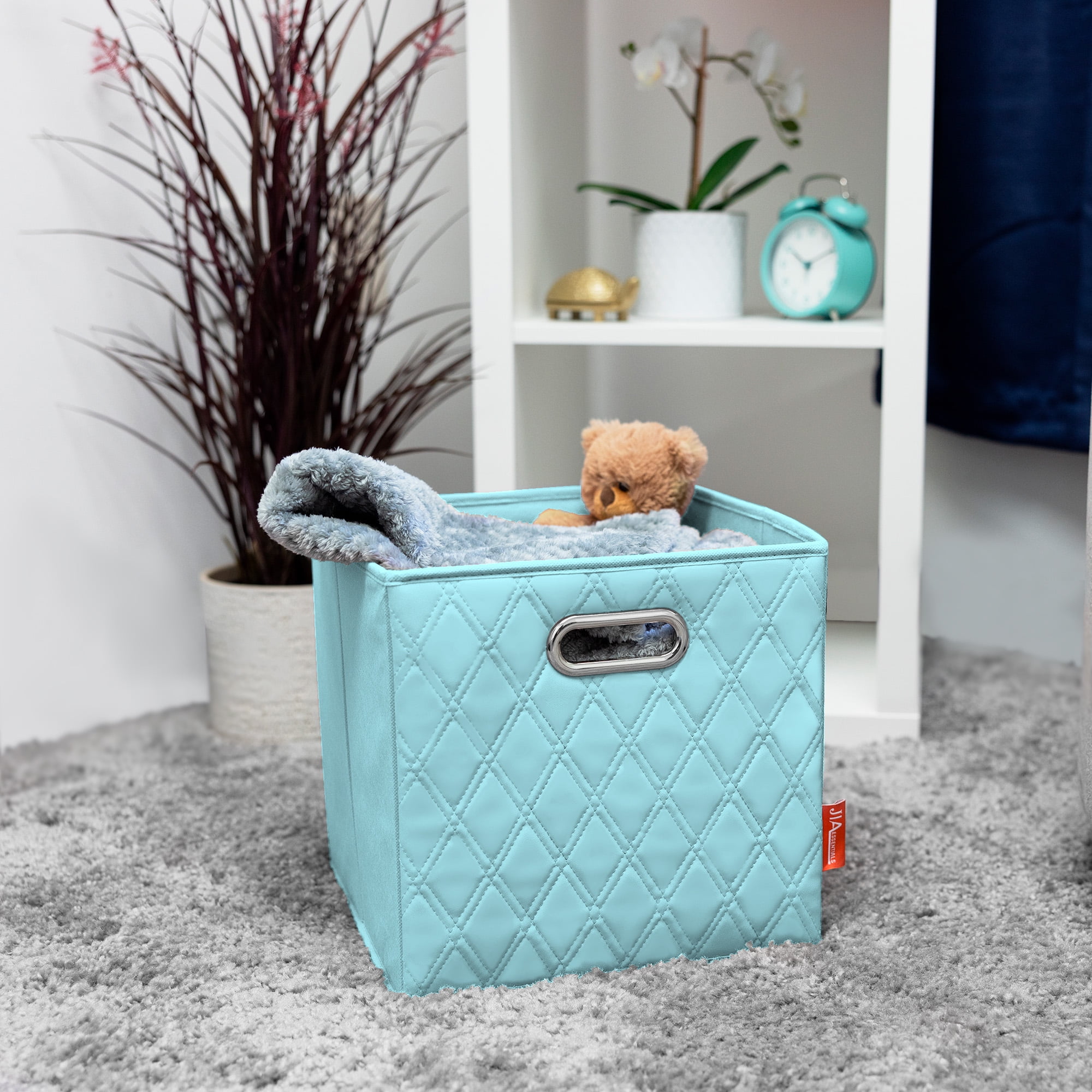 JIAessentials Set of 4 Foldable Faux Leather Cube Storage Bins Collapsible Baskets 12 inch with Dual Handles - Blue Medium