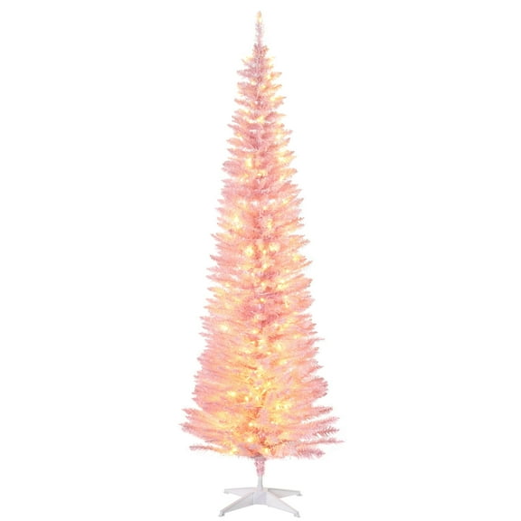 Christmas Tree HOMCOM 7' Tall Pre-Lit Slim Noble Fir Artificial Christmas Tree with 200 Warm White LED Lights and 499 Tips, for Christmas Decoration, Pink,Flocked Christmas Tree