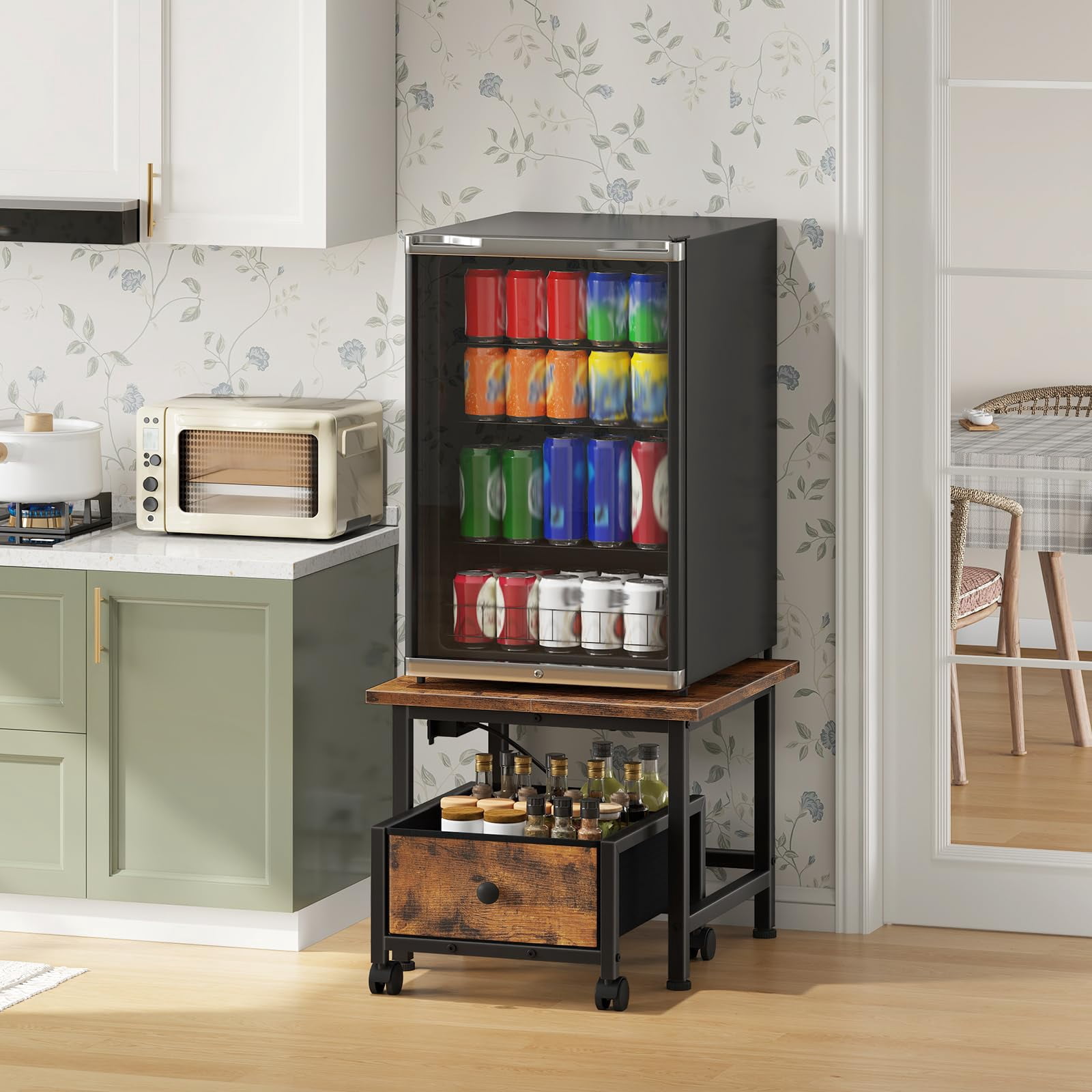 HOOBRO Mini Fridge Stand with Non-Woven Storage Basket and Power Outlet, Mini Fridge Cabinet with Wheels and Adjustable Feet, Mobile Fridge Shelf, for Home, Apartment, Dorm, Black BB355UBX01