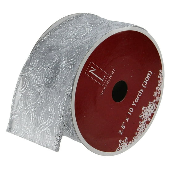 Northlight Pack of 12 Silver Glittering Swirl Wired Christmas Craft Ribbons 2.5" x 120 Yards