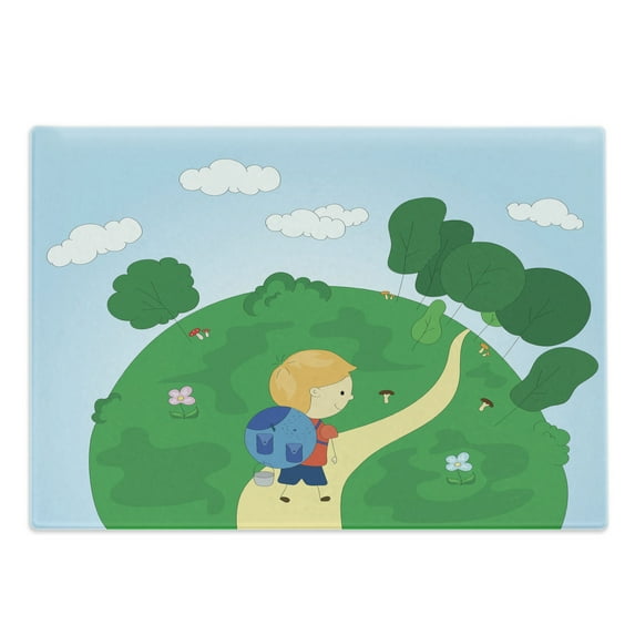 Colorful Cutting Board, Kid with a Backpack Hiking to the Mountain Forest Camp Childish Cartoon Print, Decorative Tempered Glass Cutting and Serving Board, in 3 Sizes, by Ambesonne