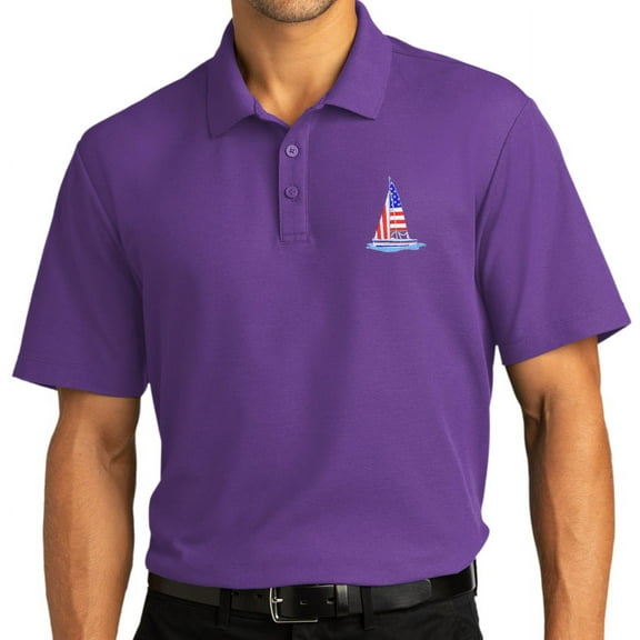 Mens Patriotic Sailboat Sailing Patch Short Sleeve Polo Shirt, Extra-Small Purple