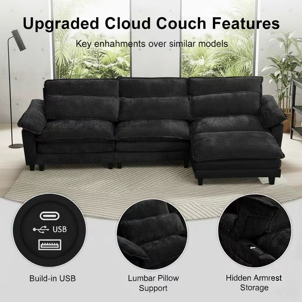 Howcool 113" Modular Sectional Sofa , 3 Seater L-Shaped Cloud Couch with Movable Ottoman, USB Charging Ports & Side Pockets, Sectional couchs for Living Room,Chenille Fabric,Black