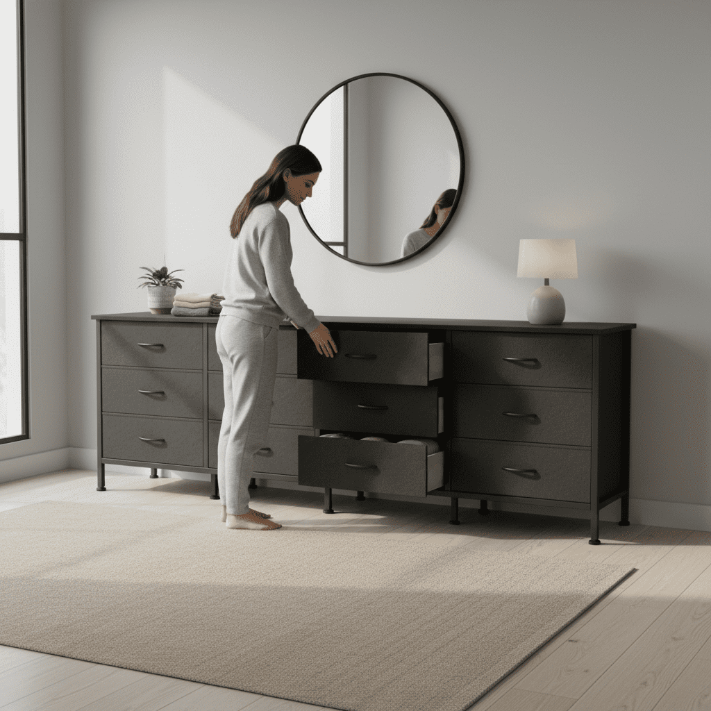 CONCETTA 12 Drawer Storage TV Dresser, Metal Frames Resist Deformation, Adjustable Feet Prevent Tipping, Accommodates TV Up to 80 inch, Suitable for Living Room,Black