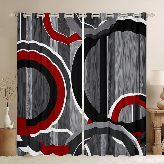 Manfei Geometric Circles Black Out Curtains, Red Gray Black Curtains Pack of 2 (42x63 Each), Contemporary Abstract Art Bedroom Curtains, Luxurious Home Decor