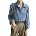thumbnail image 4 of Yigetop Button Up Shirt Women, Loose Solid Color Temperament Design Casual and Versatile Long Sleeved Top Long Sleeve Shirts for Women Dark Blue 2XL, 4 of 5