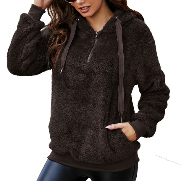 Sudadera con capucha de lana para mujer, bolsillos sólidos, manga larga, cálida y difusa, sudadera, Abanopi Camello/Medio