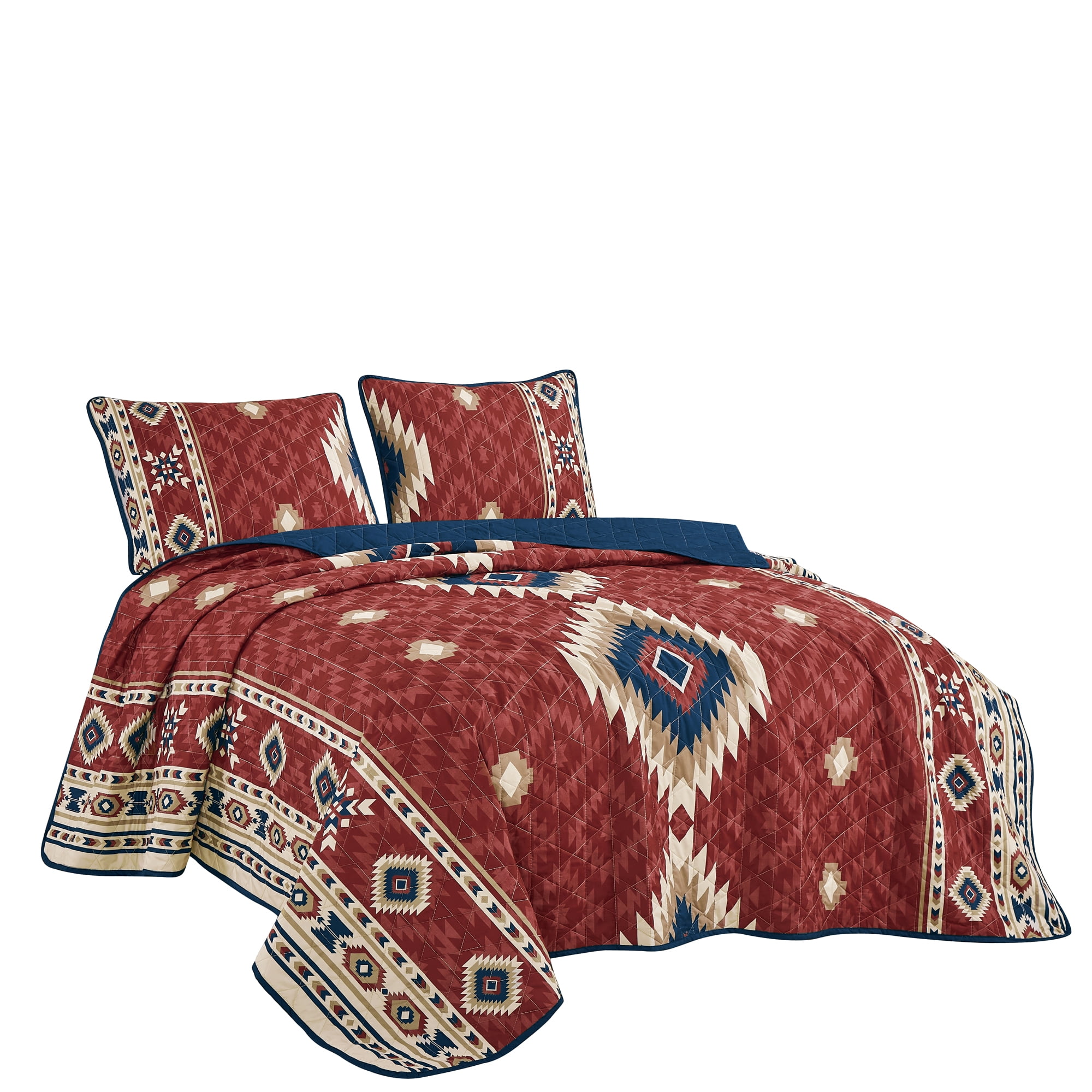 3-Piece Reversible Red & Blue Southwestern Pattern Bedspread Set,Queen