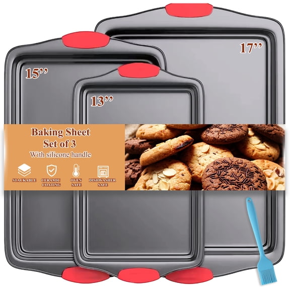 Yalumo 3‑Piece Nonstick Baking Sheets Set, Cookie Sheets for Baking with Silicone Handles, 13/15/17in Carbon Steel Baking Sheet Pans for Oven