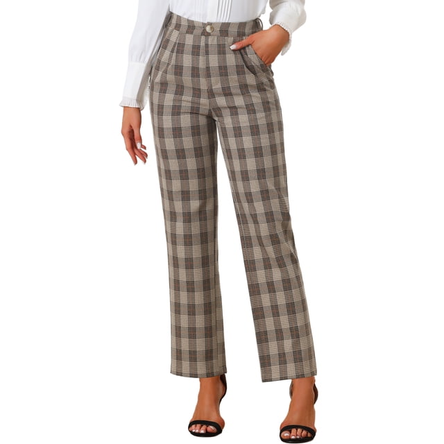 Pantalones largos rectos de cintura elástica con botones y cremallera de cuadros para mujer INSPIRE CHIC XL beige y negro
