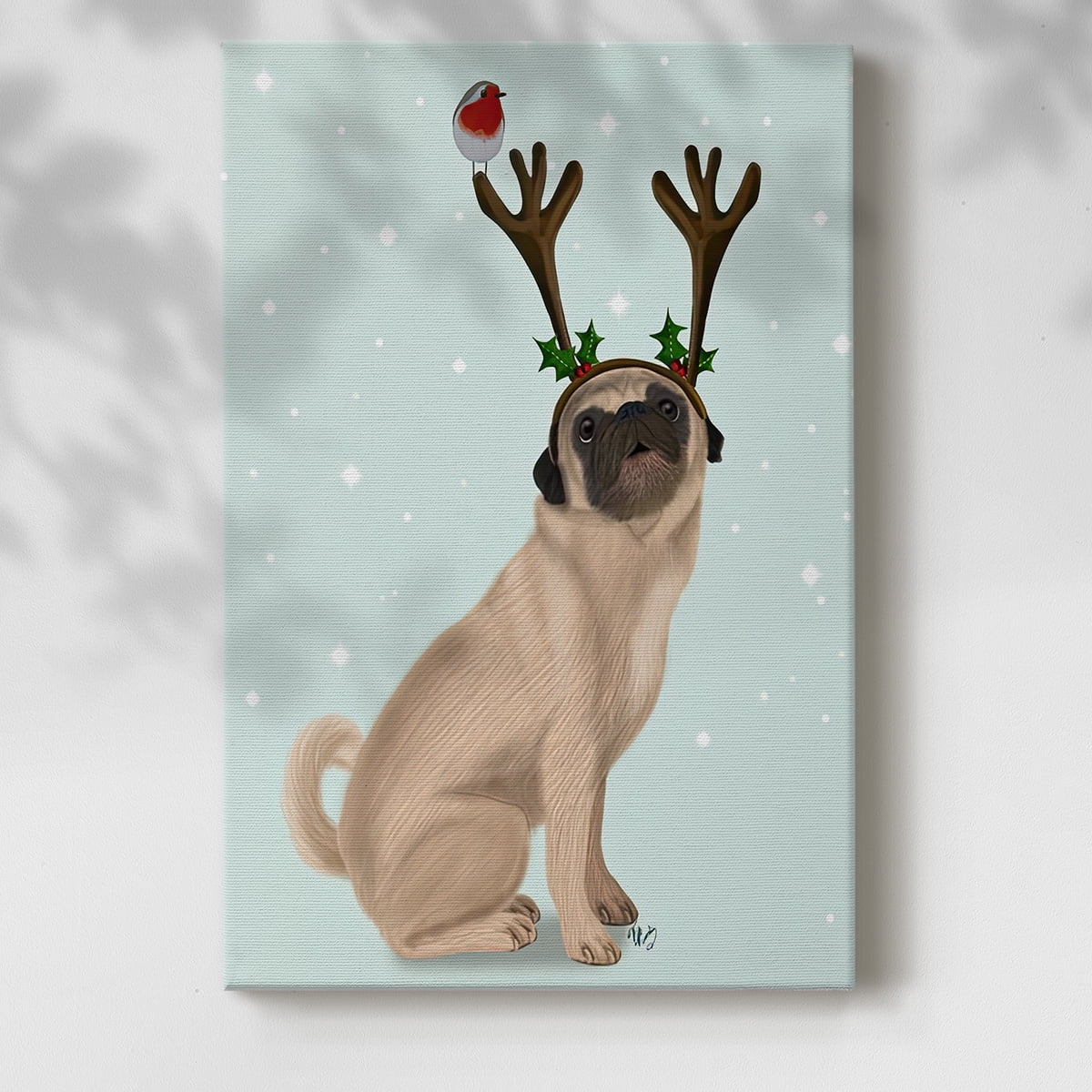 Christmas Pug with Antlers and Robin- Gallery Wrapped Canvas