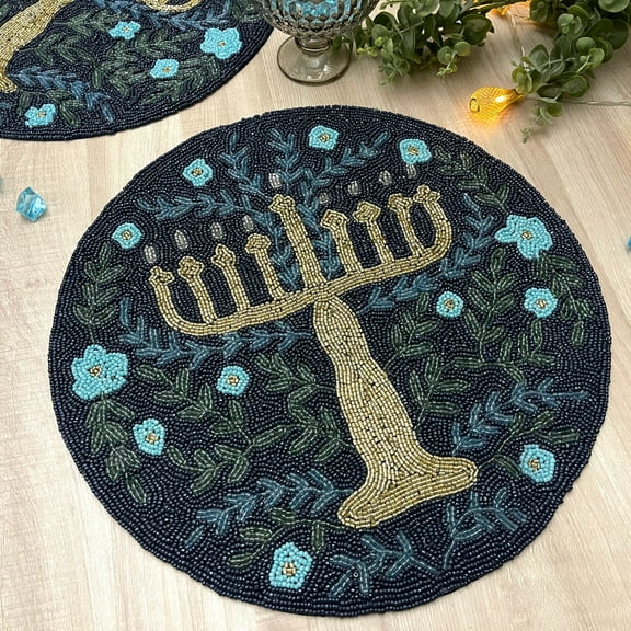 Set of 6, Handmade Hanukkah placemat, beaded round table placemat, blue and gold, 14 inch