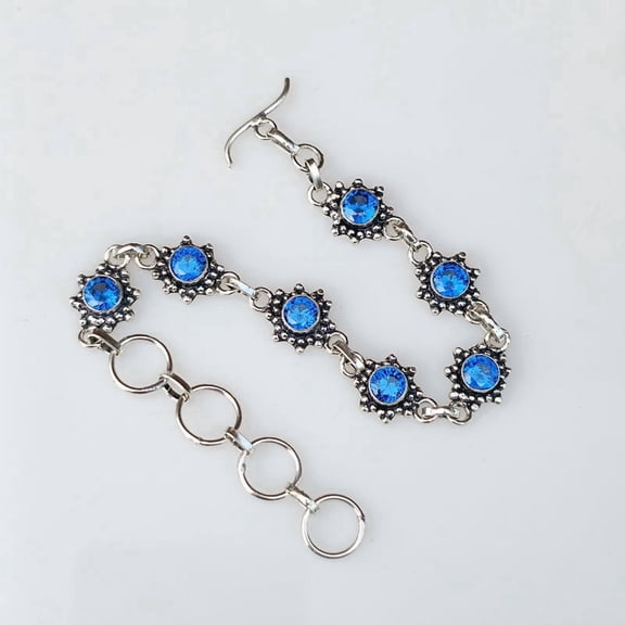 Round Blue Sapphire Gemstone Bracelet 925 Sterling Silver High Polished Handmade Adjustable Bracelet Jewelry