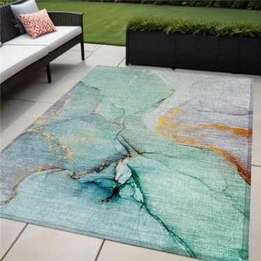 HomeRoots 559716 5 x 8 ft. Teal Abstract Washable Non Skid Indoor Outdoor Rectangle Machine Woven Area Rug