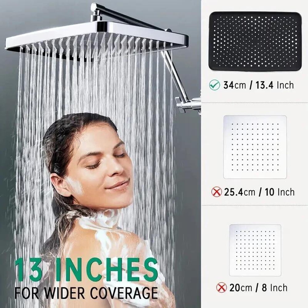 13-Inch Chrome Rainfall Shower Head with 4-Mode Handheld Spray & Adjustable Arm