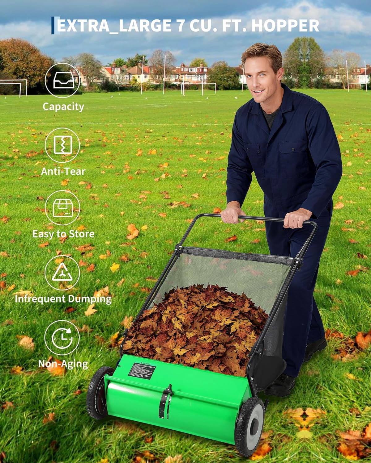 Light Green 26-Inch Push Lawn Sweeper, 7 Cu. Ft. Hopper Capacity Leaf & Grass Collector with 4 Spinning Brushes, Adjustable Height, for Grass Clippings, Leaves & Debris
