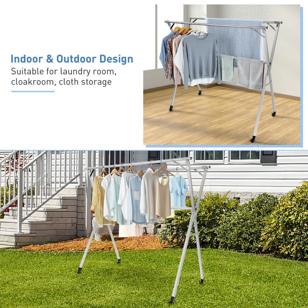 Finihen Drying Rack, Clothes Drying Rack, Foldable Steel Clothes Drying Rack with 4 Universal Wheels for Laundry, for Indoor, Outdoor, Silver Finihen Drying Rack, Clothes Drying Rack, Foldable Steel Clothes Drying Rack with 4 Universal Wheels for Laundry, for Indoor, Outdoor, Silver