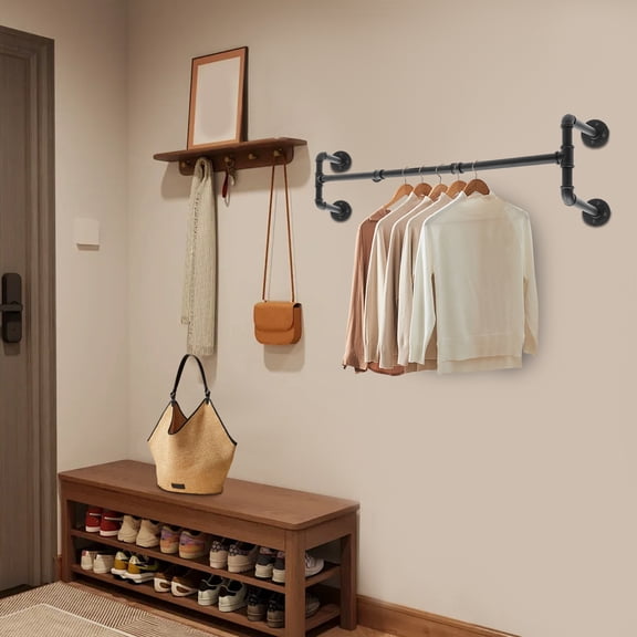 Industrial Pipe Wall Mounted Clothes Rack, Heavy Duty Hanging Rod with Double Bar Design, Space Saving Garment Rail for Bedroom, Closet, Entryway and Boutique Display