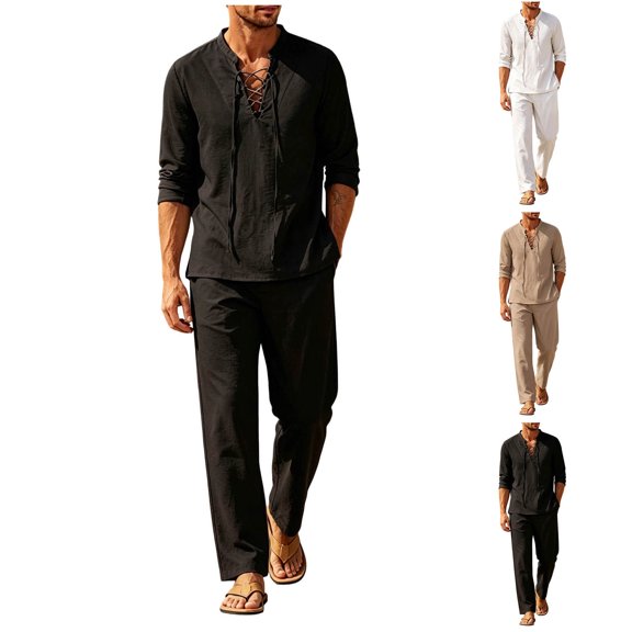 Men 2 Piece Outfit Set, Lace Up V Neck Long Sleeve Shirt & Elastic Waist Straight Pants, Lightweight Loose Casual Suit White XL(XL)