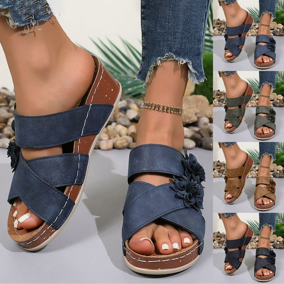 Women's Fashion Sandals Casual Summer Solid One-Line Flower Beach Sandals Wedge Heel Thick Bottom Slippers