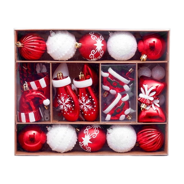 Set de 45 adornos navideños para árbol de Navidad, bolas colgantes surtidas. Rojo Blanco