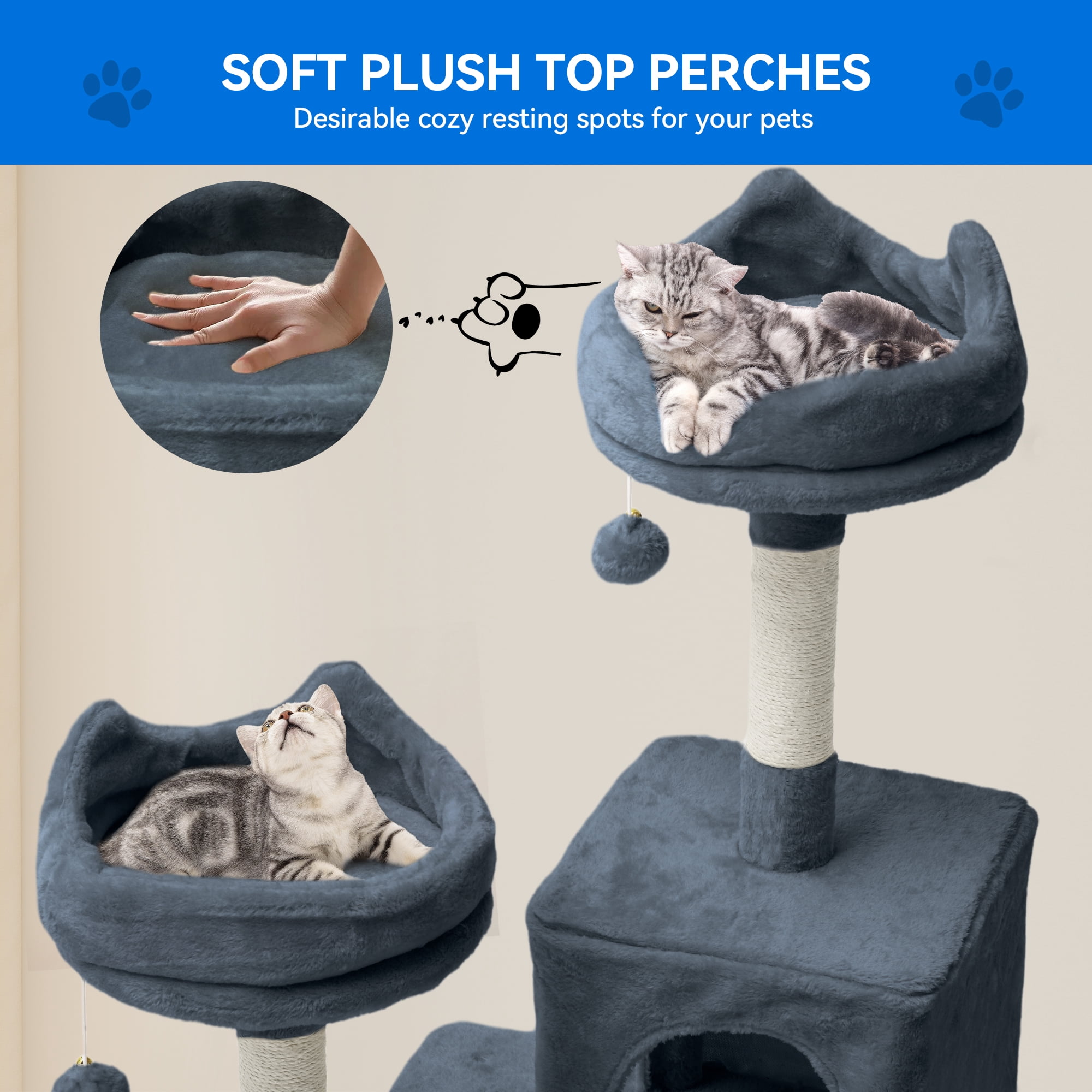 Dextrus 75" Multi-Level Cat Tree Tower with Cat Condos, Top Perches, Hammocks, Scratching Posts Board, Large Cat Activity Center,Dark Gray