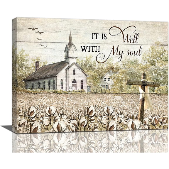 Church Cross Wall Art Country Christian Canvas Prints Painting Rustic Religious Pictures Framed Positive Artwork Home Decor for Bathroom Living Room Bedroom 16"x12"