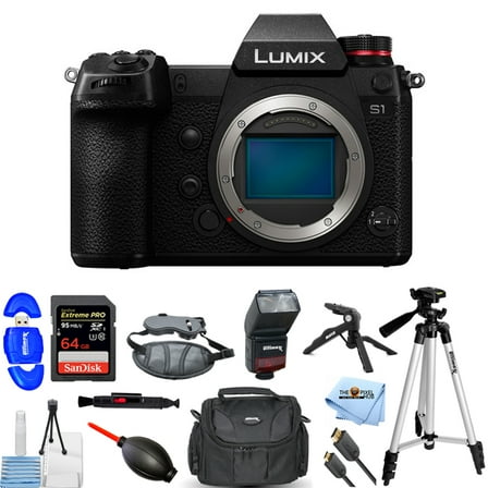 Panasonic Lumix DC-S1 Mirrorless Digital Camera (Body Only) DC-S1BODY Pro Bundle with 64GB SD, Flash, Tripods, Gadget Bag, HDMI Cable and MORE