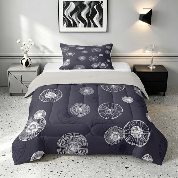 Manfei Abstract Circle Twin Comforter Sets, Modern Art Bedding Set, White Dark Gray, Gray Reversible 2-Piece, 1 Comforter and 1 Pillowcase