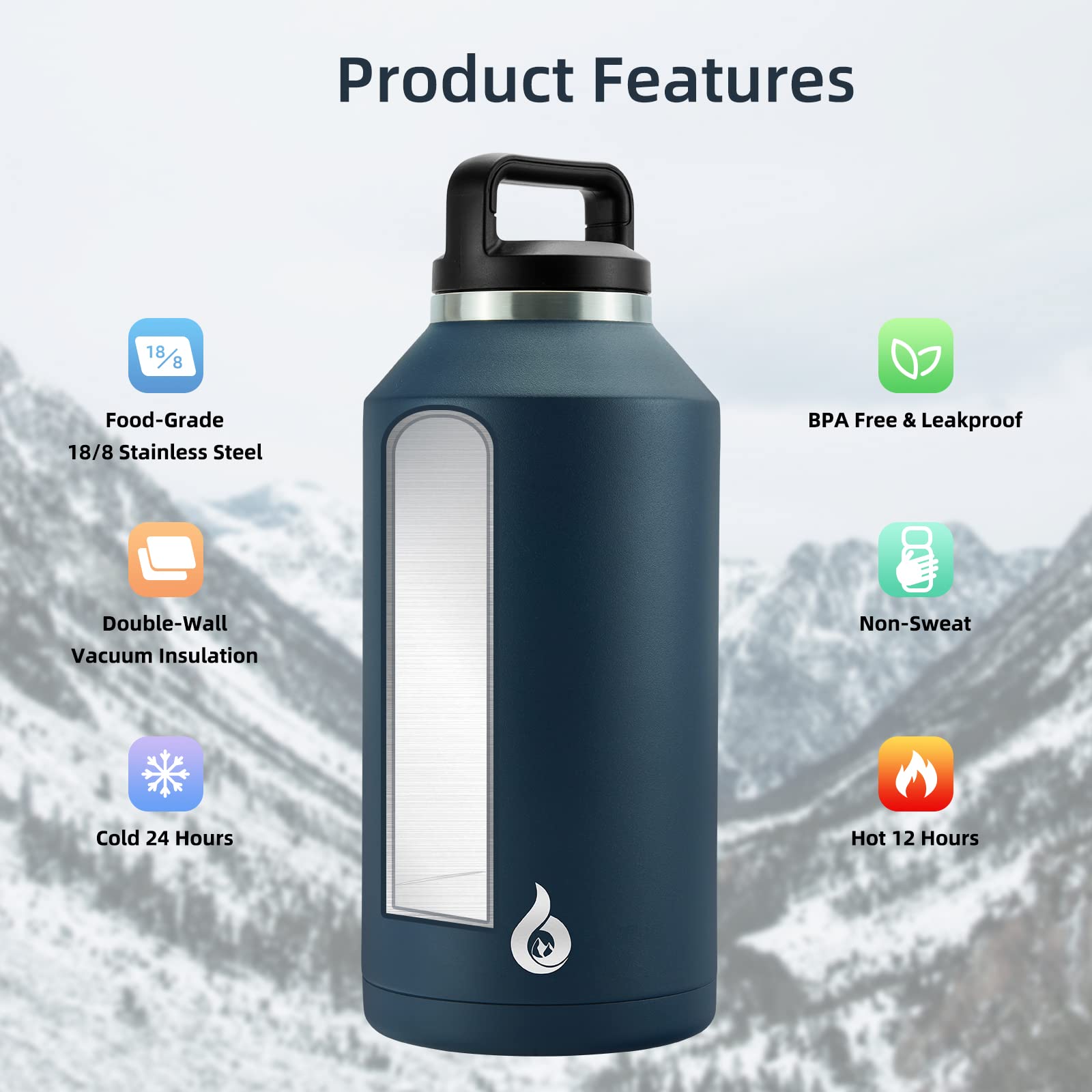 BJPKPK Half Gallon Water Bottle Insulated, Dishwasher Safe 64 oz Water Bottle with Handle, Leakproof BPA Free Water Jug, Large Stainless Steel Water Bottle for Sports, Navy Blue