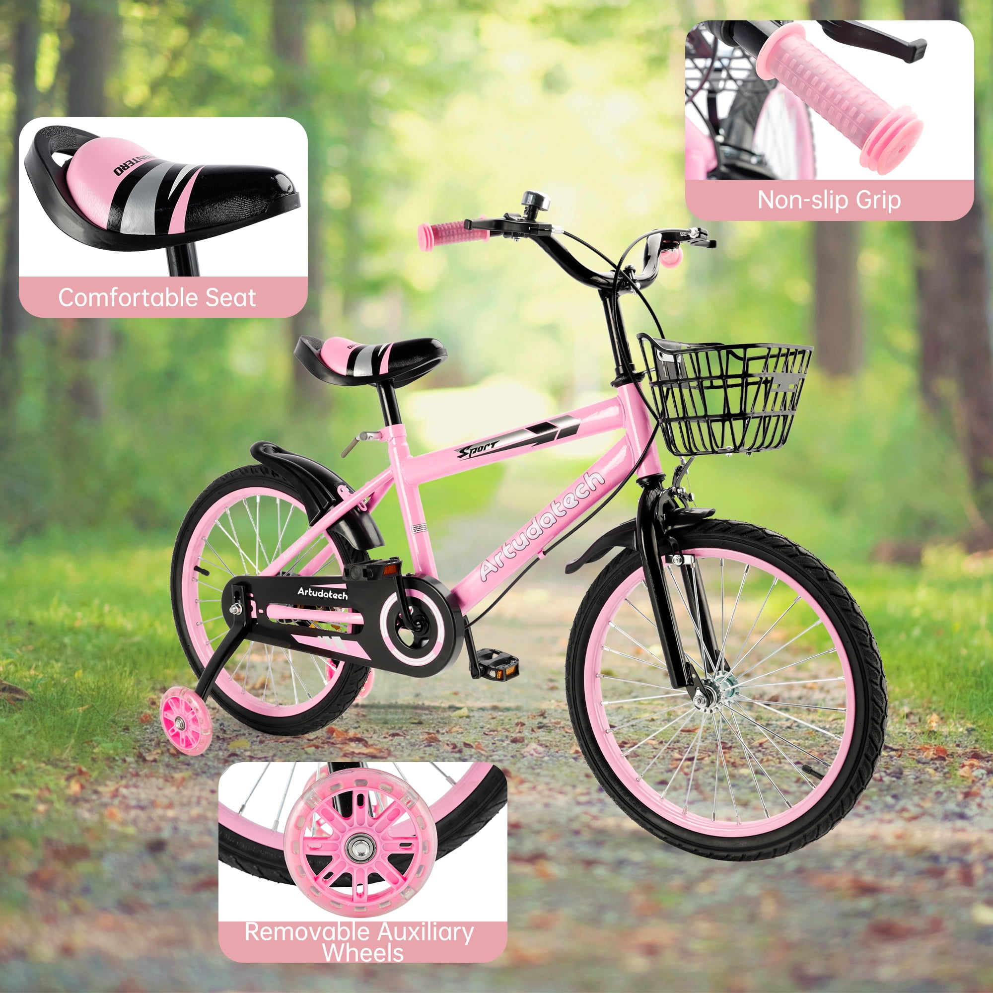 ARTUDATECH 14/16/18 Inch Kids Bike for Ages 3-10 Years Old Boys Girls, Kid's Bikes with Training Wheels, Basket, Dual Brake, Children Bicycle for Kids and Toddler Beginners, Pink/Red
