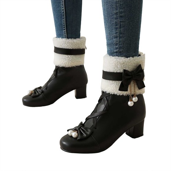 Winter Mid Calf Lolita Dress Boots for Women 2025 Fashion Bowknot Leather Block High Heel Furry Snow Short Booties Black