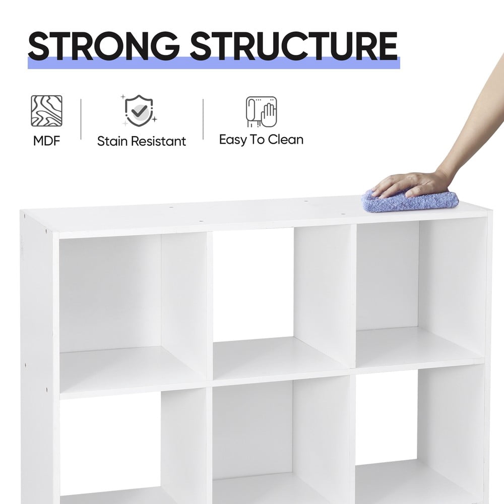 SONGMY 9-Cube White Storage Organizer Bookcase, Modern Bookshelf for Living Room, Home Office Display Shelf with Fabric Bins, Cube Storage Organizer Cabinet