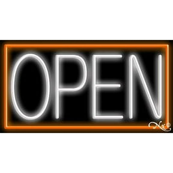 Orange Border With White Open LED Neon Sign 13 x 24 - inches, Black Square Cut Acrylic Backing, with Dimmer - Bright and Premium built indoor LED Neon Sign for storefront.