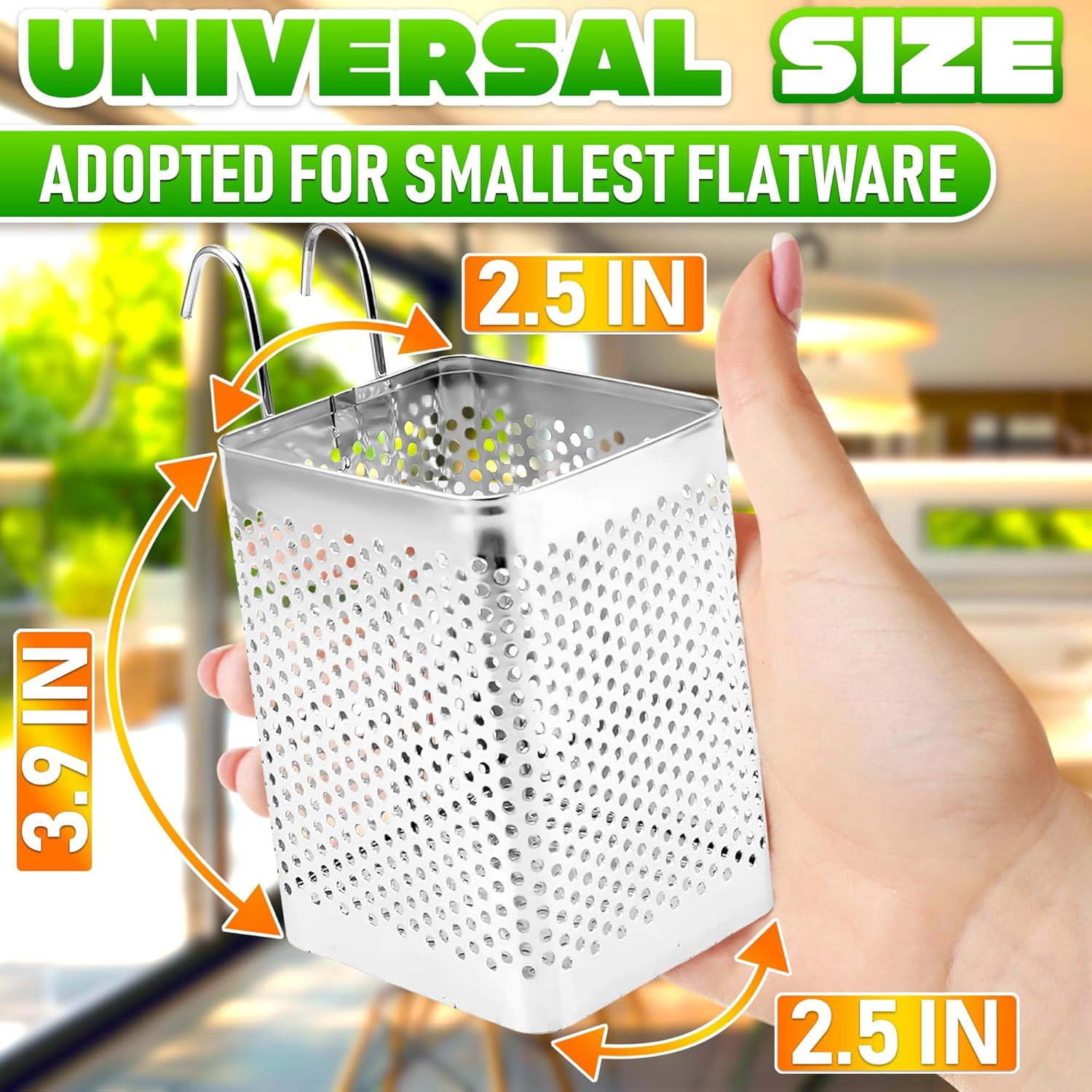 Dishwasher Chopstick Basket – 2.75" x 2.75" x 3.93" Stainless Steel Utensil Holder | Rust-Resistant Perforated Caddy with Hooks for Organizing Chopsticks, Straws, Teaspoons, and Small Kitchen Tools