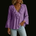 thumbnail image 6 of Mwjwdo Womens Long Sleeve Flare Cuff Ruffle V Neck Dressy Casual Textured Relaxed Fit Peplum Blouse Summer Shirts, 6 of 7