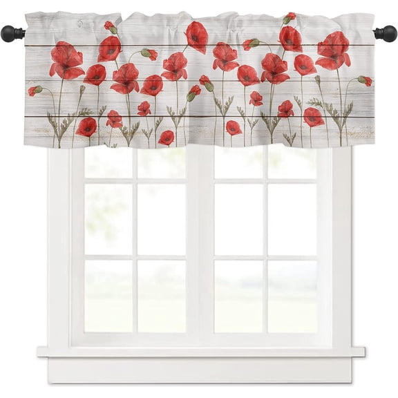 Floral Windows Valances Curtain Red Poppy Flower Kitchen Valances Rod Pocket Watercolor Floral Spring Flower Wood Grain Window Treatment Short Topper Curtains for Kitchen Living Bedroom,54 by 18 inch