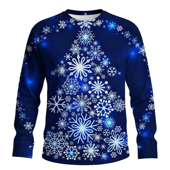 GuangCheng Mens Christmas Tees Baggy,Crew Neck,Printed,Long Sleeve Tops,Pullover,Bottom,Tees,Comfy Loose Piece,Blue,Size M