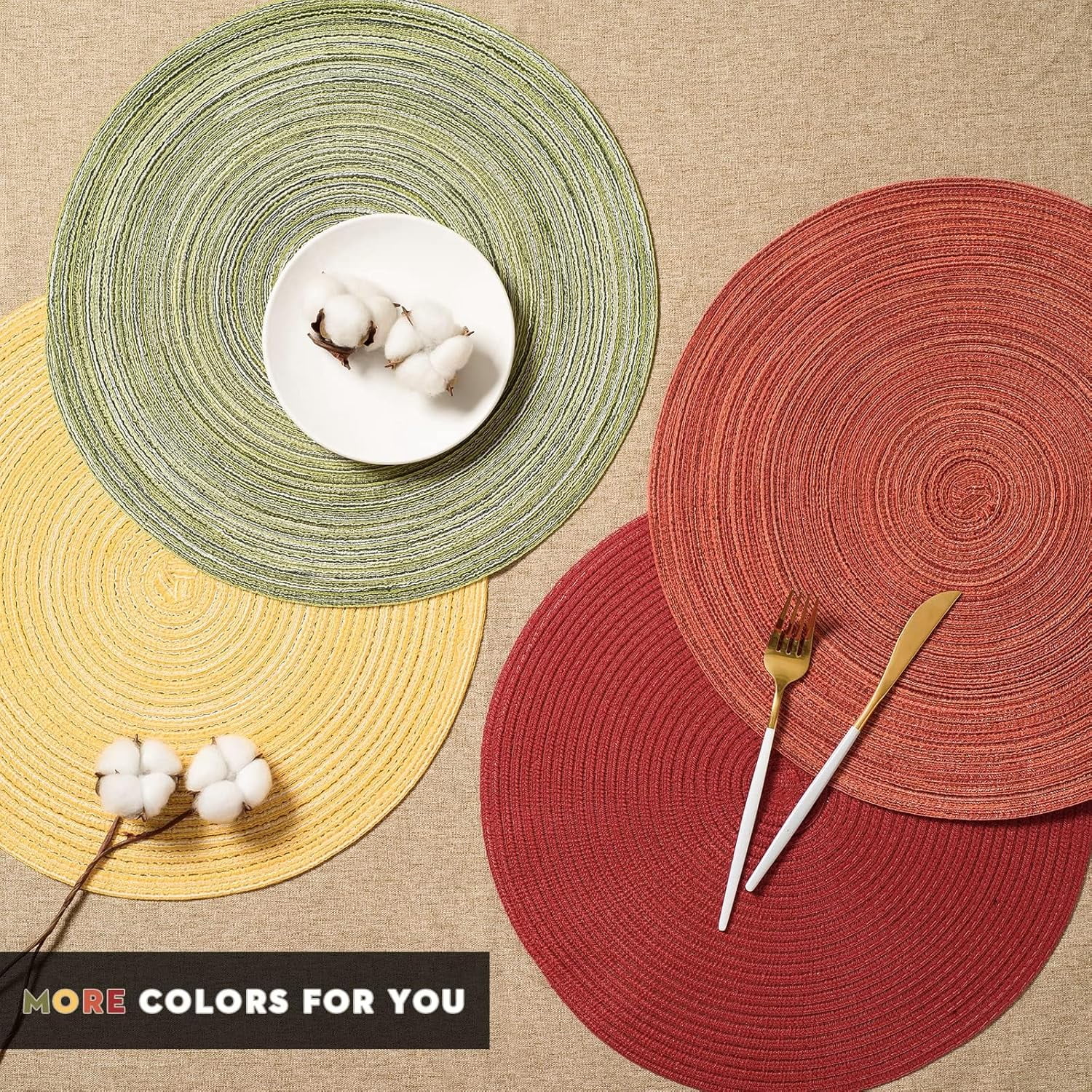 Round Braided Placemats Set of 8 Place mats for Dining Tables Woven Heat Resistant Table Mats 15 inch for Fall (E Brown, 8pcs)