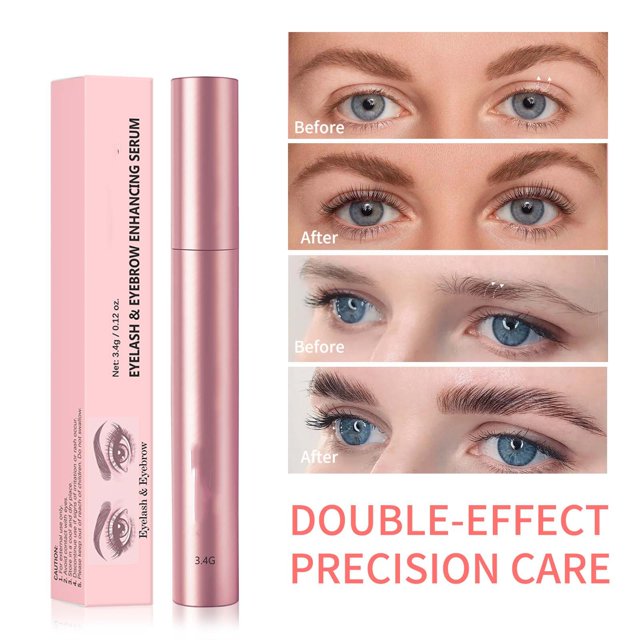 sérum rizador para alargar cejas y pestañas | rutina de belleza mejorada | 3,4 ml | resultados duraderos tubo cilíndrico rosa de 3,4 ml y caja rosa a la izquierda con texto en inglés 'Eyelash & Eyebrow Enhancing Serum' y pequeños dibujos de ojos; a la derecha panel con fotos de antes y después en primer plano de ojos y cejas sobre fondo blanco.