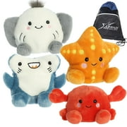 Aurora Palm Pals 5" Sea Creatures Set of 4: Huddleston Hammerhead Shark, Flapjack Stingray, Treasure Starfish, Snippy Crab with Drawstring Bag
