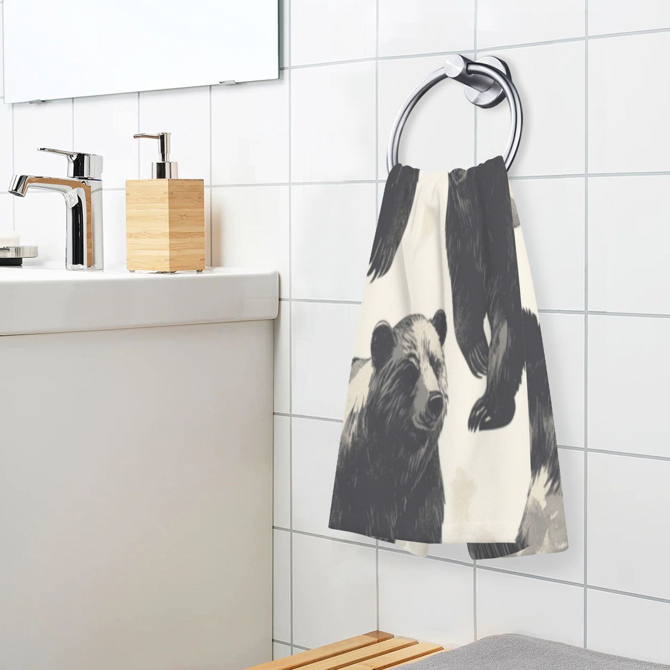 Cotton Towel Two-Piece 16x28 Inch One Sizex2 Face Towel Set Towel Set Cotton Hand Bath Towel Bathroom Beach Black Bear Seamless