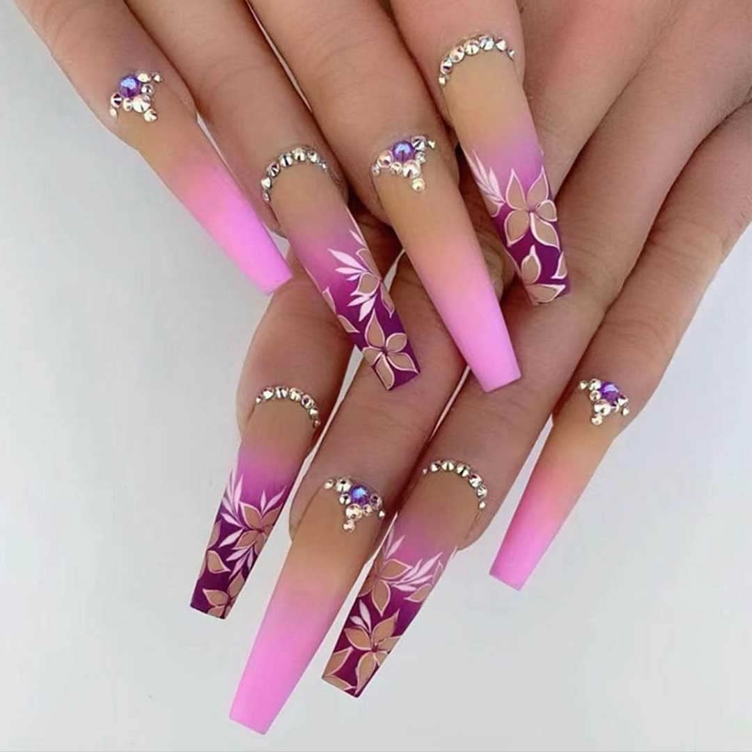 French Press on Nails Long Acrylic Nails with Rhinestones Matte Purple Nails  Coffin Stick on Nails with Flowers Design 