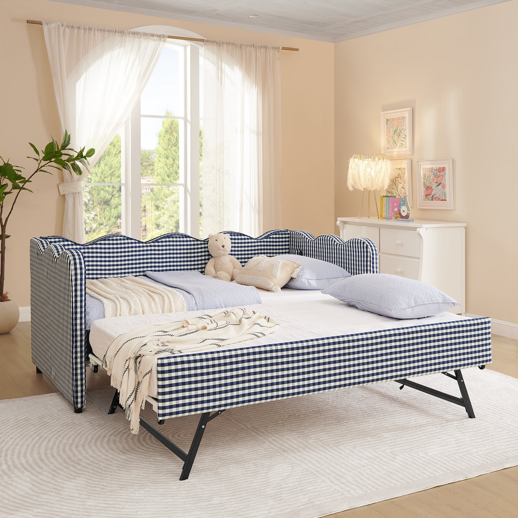 Leumius Twin Size Gingham Daybed with Pop Up Trundle,Modern Linen Daybed with USB Ports and Adorable Wave Shaped,Upholstered Day Bed Fram for Living Room/Bedroom/Guest Room,Navy