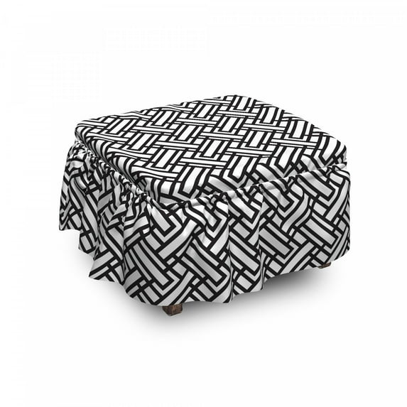 Black and White Ottoman Cover, Stripes Pattern, 2 Piece Slipcover Set with Ruffle Skirt for Square Round Cube Footstool Decorative Home Accent, Standard Size, Black White, by Ambesonne