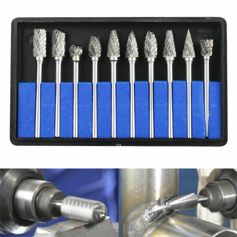 10pcs 1/8" Tungsten Carbide Burr Rotary Drill Bits Tools Cutter Files Set Shank 